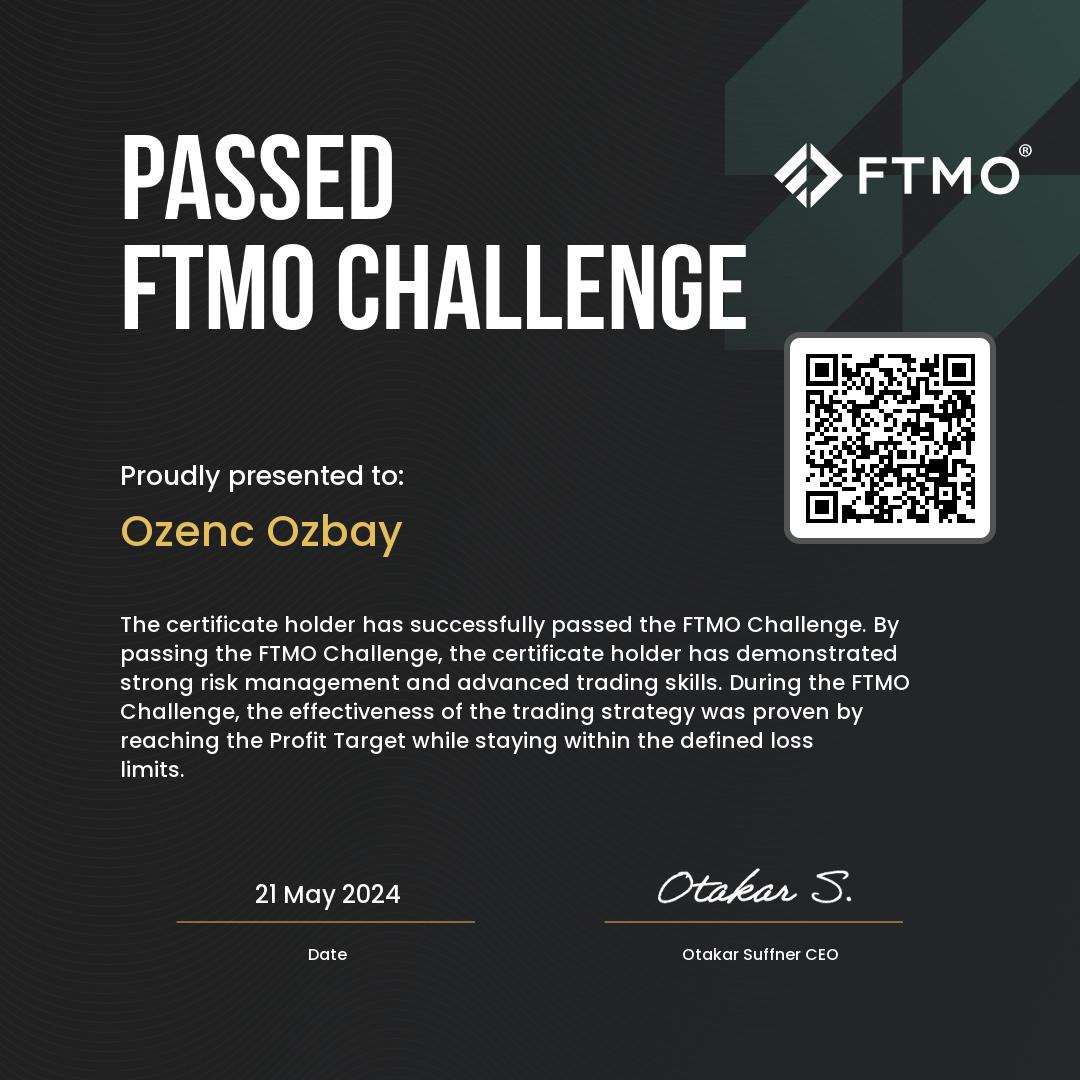 FTMO FTMO Challenge — Passed for Ozenc Ozbay, dated 21 May 2024. Evaluation certificate with no payout amount.