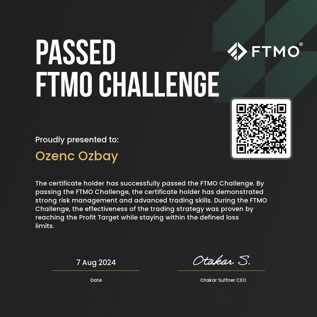 FTMO FTMO Challenge — Passed for Ozenc Ozbay, dated 7 August 2024. Evaluation certificate with no payout amount.