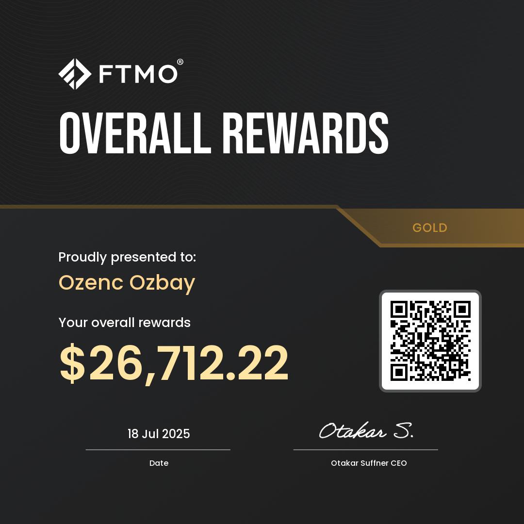 FTMO Overall Rewards — Gold for Ozenc Ozbay, dated 18 July 2025. Showing $26,712.22.