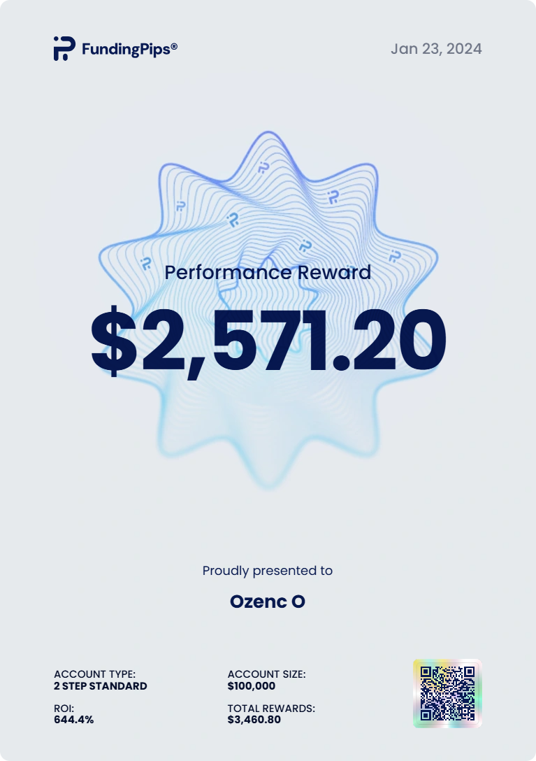 Funding Pips Performance Reward for Ozenc O, dated 23 January 2024. Showing $2,571.20.