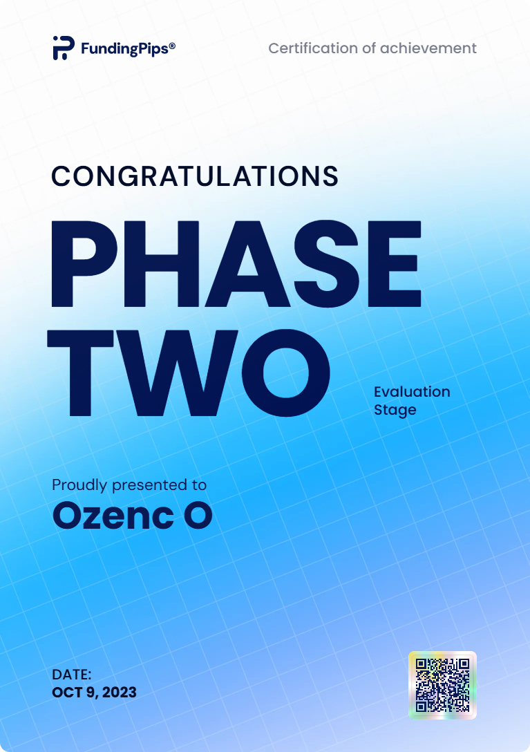 Funding Pips Phase Two — Passed for Ozenc O, dated 9 October 2023. Evaluation certificate with no payout amount.