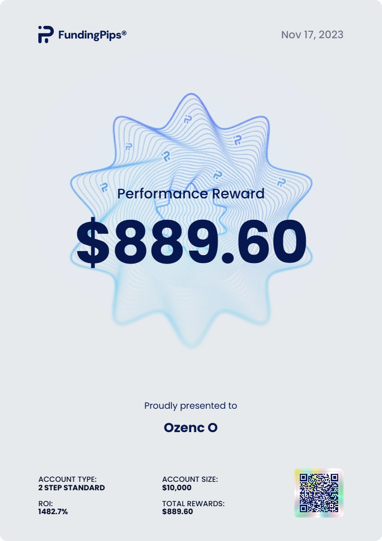 Funding Pips Performance Reward for Ozenc O, dated 17 November 2023. Showing $889.60.