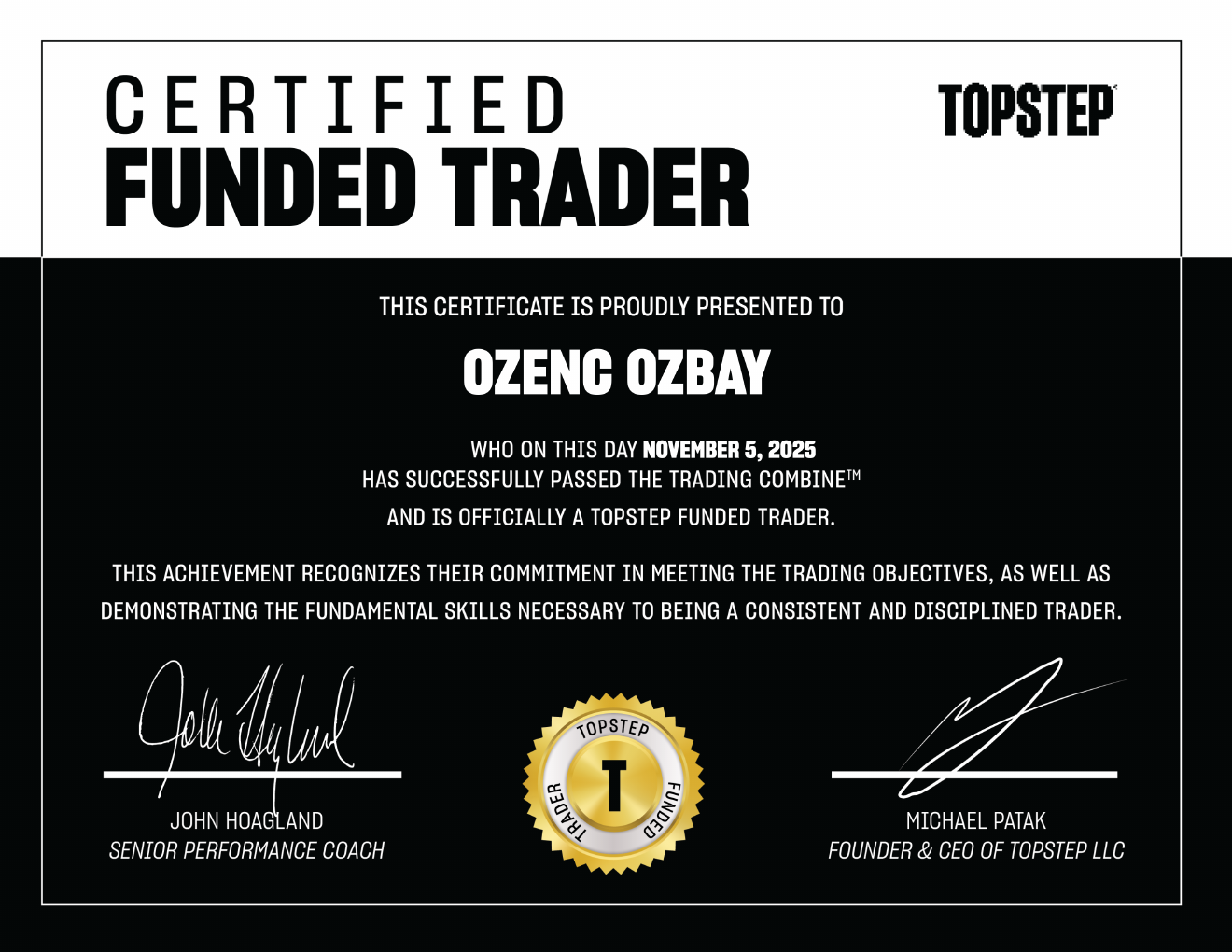 Topstep Trading Combine Passed for OZENC OZBAY, dated 5 November 2025. Evaluation certificate with no payout amount.