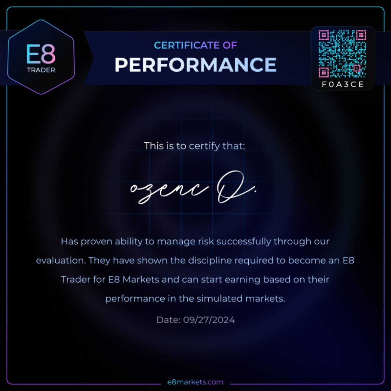 E8 Markets Certificate of Performance for Ozenc O., dated 27 September 2024. Evaluation certificate with no payout amount.