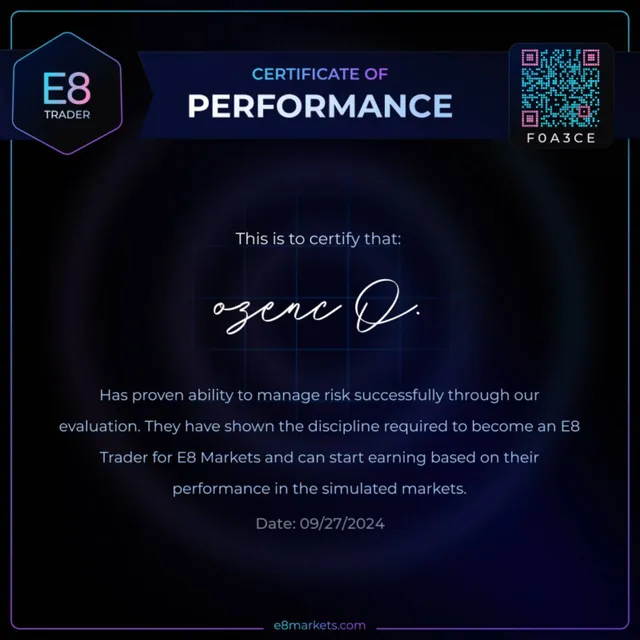 E8 Markets Certificate of Performance for Ozenc O., dated 27 September 2024.