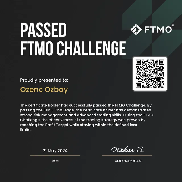 FTMO FTMO Challenge — Passed for Ozenc Ozbay, dated 21 May 2024.