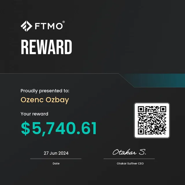 FTMO Reward for Ozenc Ozbay, dated 27 June 2024, showing $5,740.61.