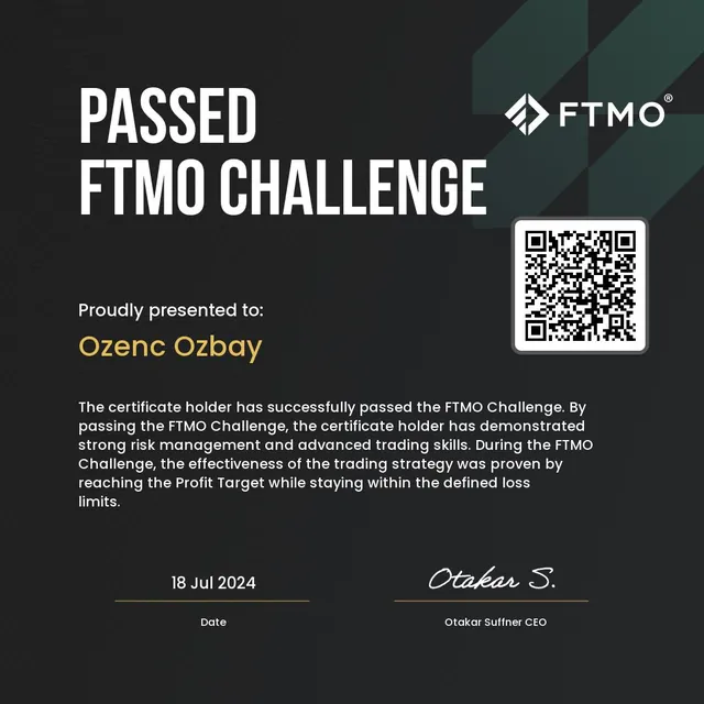 FTMO FTMO Challenge — Passed for Ozenc Ozbay, dated 18 July 2024.