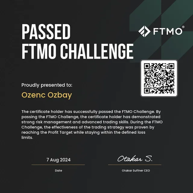 FTMO FTMO Challenge — Passed for Ozenc Ozbay, dated 7 August 2024.