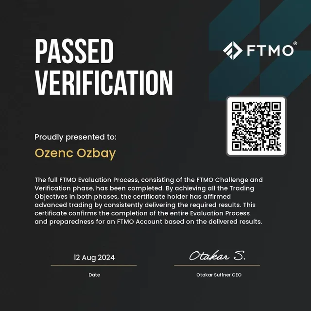 FTMO Verification — Passed for Ozenc Ozbay, dated 12 August 2024.