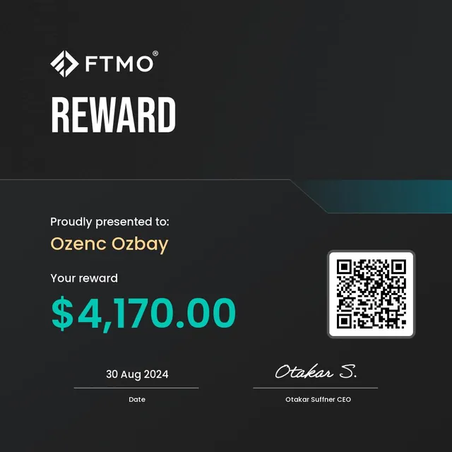 FTMO Reward for Ozenc Ozbay, dated 30 August 2024, showing $4,170.00.