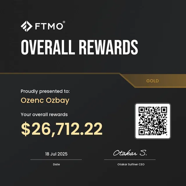 FTMO Overall Rewards — Gold for Ozenc Ozbay, dated 18 July 2025, showing $26,712.22.