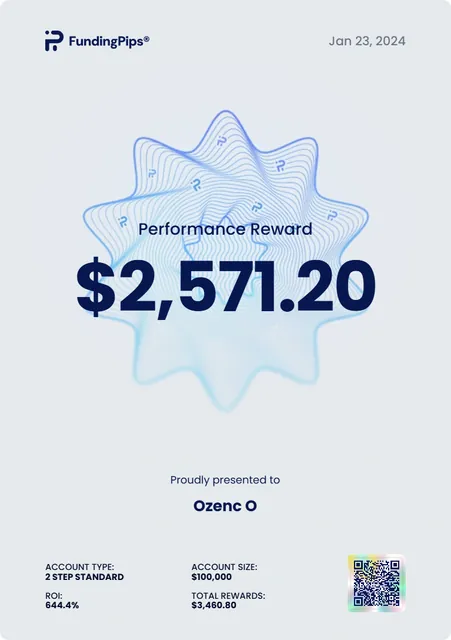 Funding Pips Performance Reward for Ozenc O, dated 23 January 2024, showing $2,571.20.
