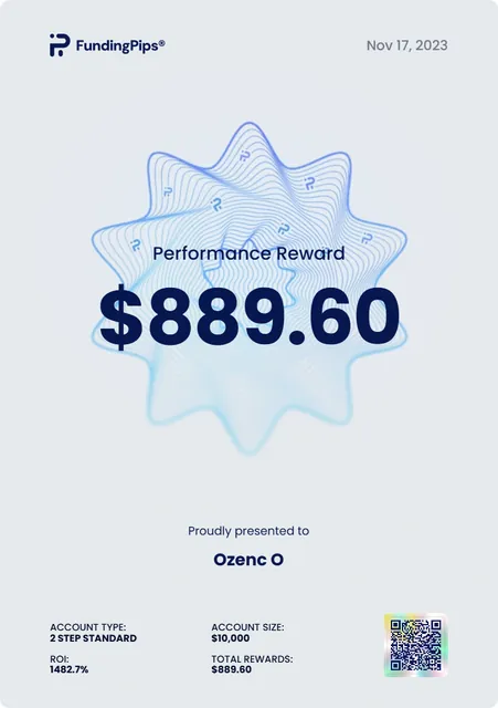 Funding Pips Performance Reward for Ozenc O, dated 17 November 2023, showing $889.60.