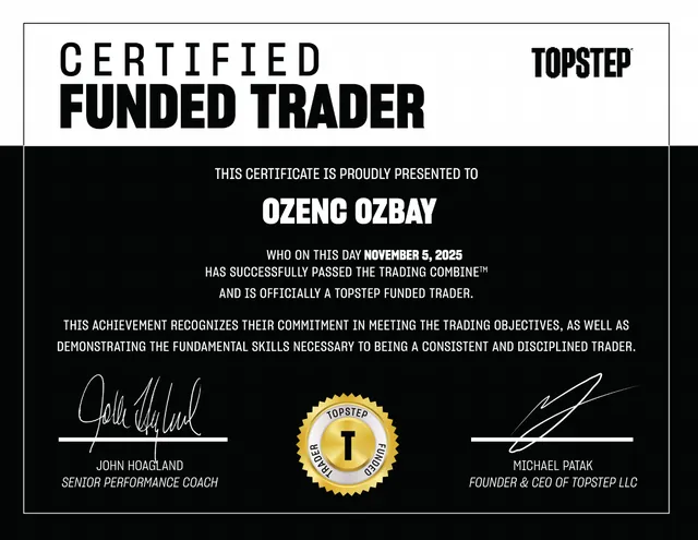 5 × Topstep Trading Combine Passed for OZENC OZBAY, dated 5 November 2025.