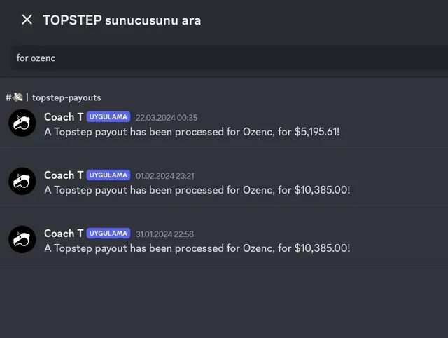 Topstep processed-payout notifications: $10,385.00 on 31 January 2024, $10,385.00 on 1 February 2024 and $5,195.61 on 22 March 2024.