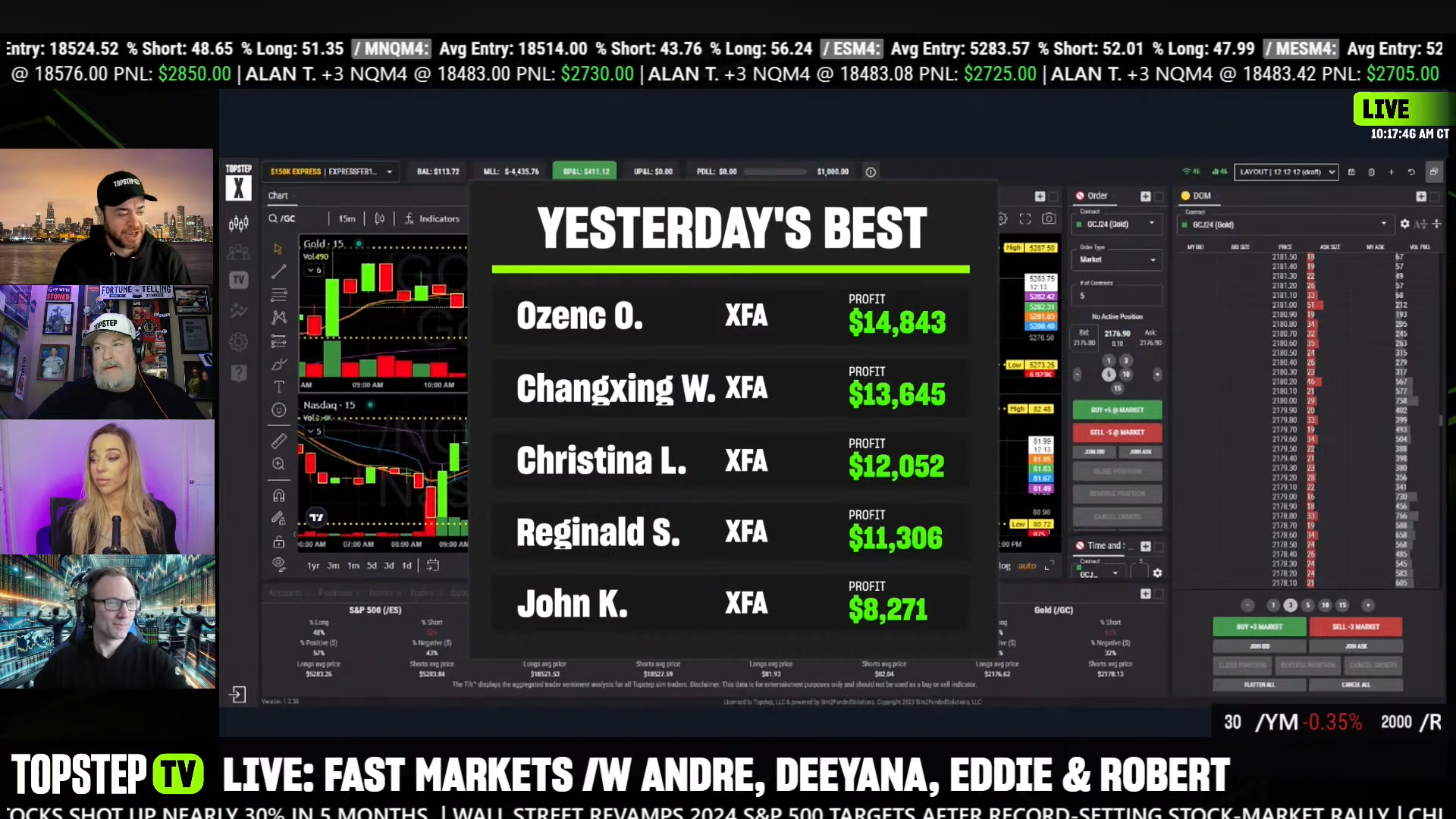 Still captured directly from Topstep’s official 25 March 2024 YouTube broadcast at 2:18:44: Yesterday’s Best lists Ozenc O., XFA, and profit USD 14,843.