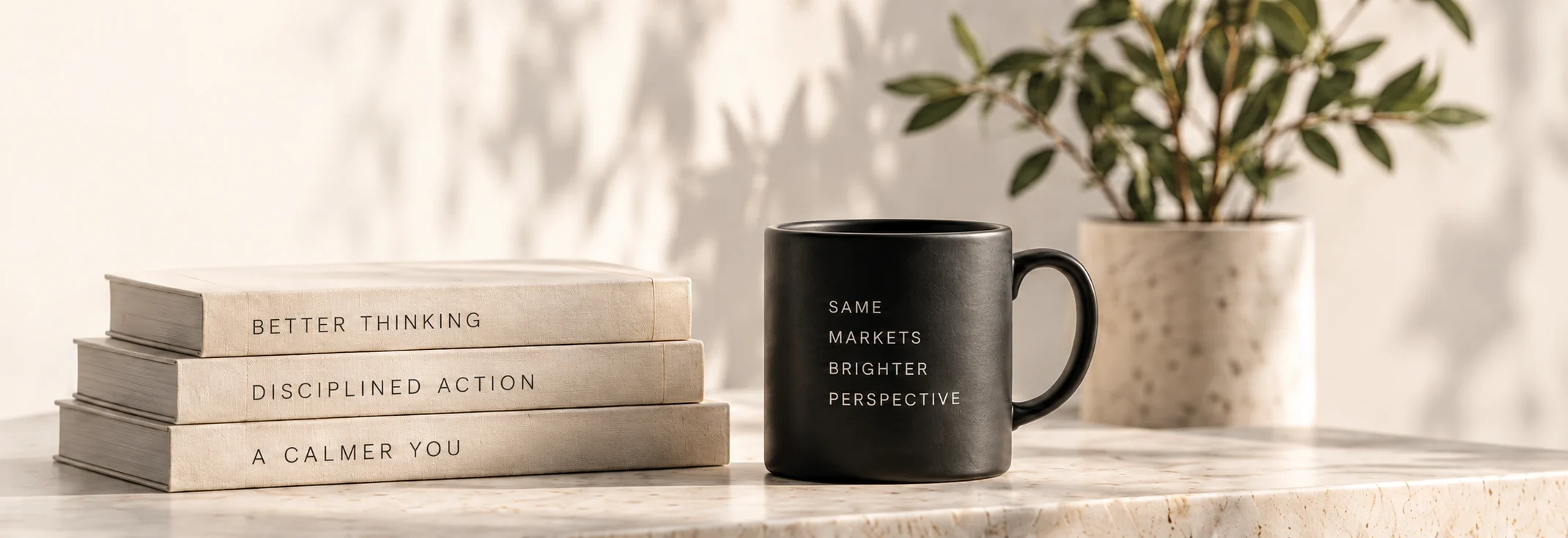 Warm stone desk with books, a dark mug and soft natural light for the TradeWithOz Community.